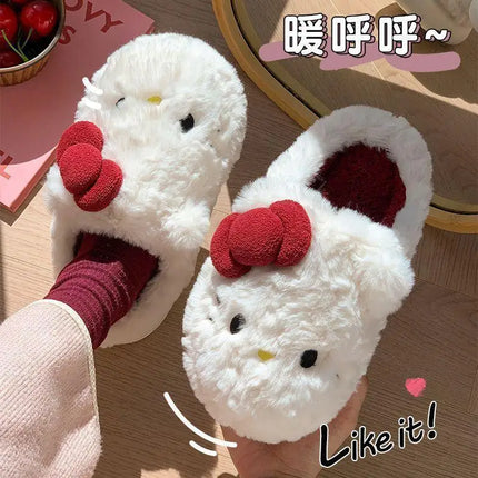 San-Rio Cute Girls Plush Slippers Cartoon Hello Kitty Winter Women Warm Cotton Shoes Female Kawaii Home Thick Sole Shoes Outdoor