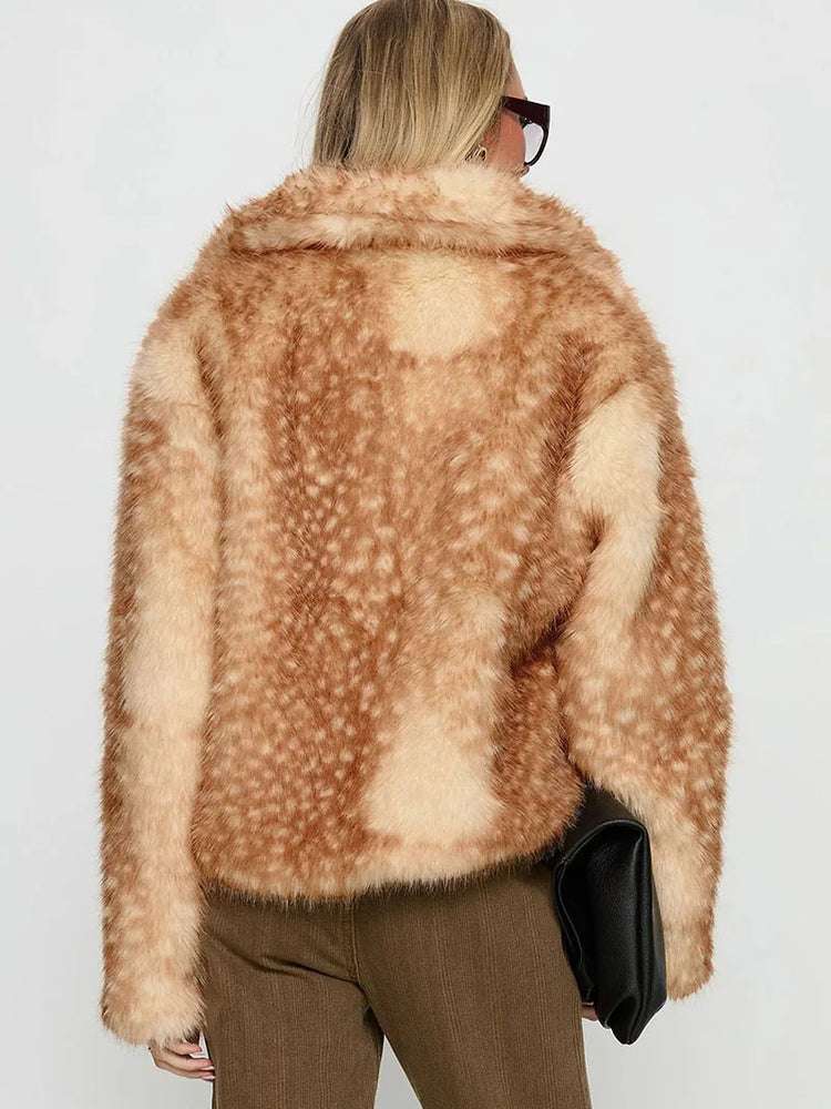 ZADORIN Chic Turn Down Collar Deer-print Cropped Fluffy Faux Fur Coat Woman Elegant Warm Faux Fur Jackets Woman Winter Coat Tops