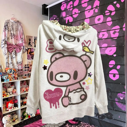 Retro Cartoon Gloomyed Bear Hoodie Women Sweet Cool Zip Sweatshirt Long Sleeve Fleece Jacket for Autumn Winter Subculture Style