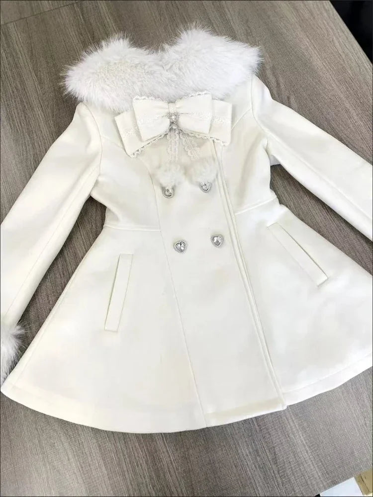 Japanese Autumn Winter Elegant Kawaii Coat Women Faux Fur Collar Long Sleeve Tops Casual Lolita Bow Button Warm Sweet Jacket