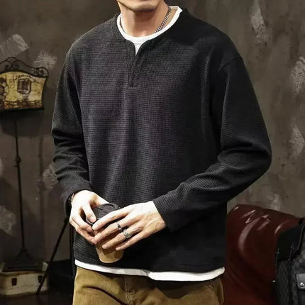 Spring and Autumn New Men Henley neck T Shirt Long Sleeve Casual  Solid color T-Shirt Fashion Waffle Fake two-piece Sweatshirts PlatiNum