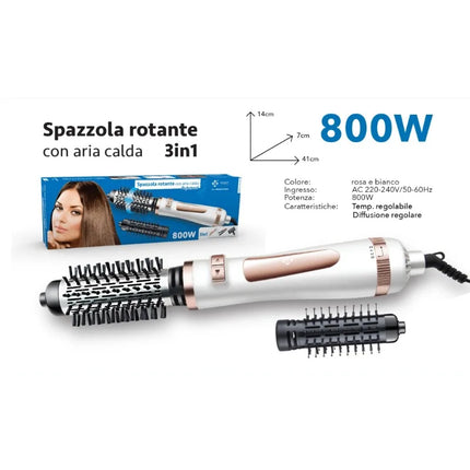 3-in-1 800W Rotating Hot Air Brush Hair Dryer Volumizer Adjustable Temperature Auto Rotation Styling Brush