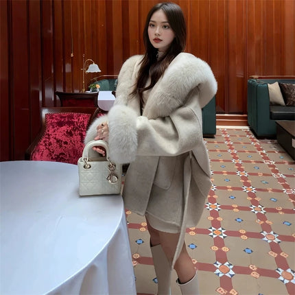 UCXQ Women Wool Coat Short Double Face Outerwear Hooded Luxury Fur Collar Cuff Loose Design Autumn 2026 New 23Z8631