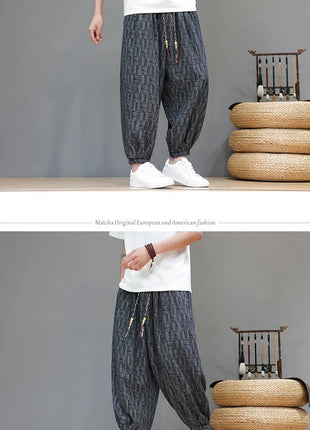 Men's Corduroy Chinese Style Wide Leg Trousers, Lantern Pants, Comfortable and Breathable for Autumn and Winter, Casual Joggers