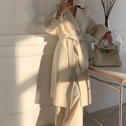 New Solid Korean Style Women Wool Coat Arch Needle Large Neck Versatile Fashion Texture Double Sided Trench Coats Female Winter