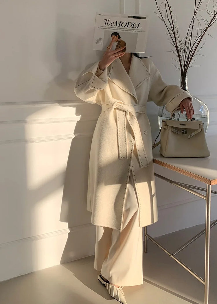 New Solid Korean Style Women Wool Coat Arch Needle Large Neck Versatile Fashion Texture Double Sided Trench Coats Female Winter