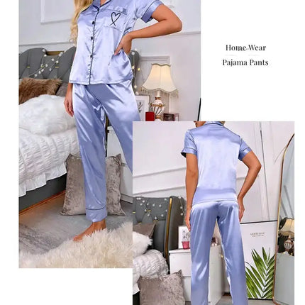 Lussuoso pigiama in raso per donna 2 pezzi pigiama Set tasca cuore ricama pigiameria autunno manica lunga top e pantaloni pigiama femminile platinumshop