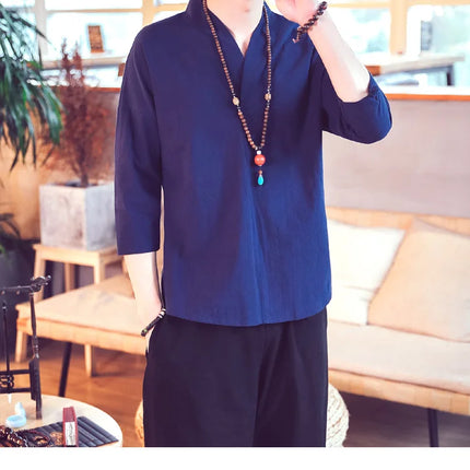 Kimono da uomo in stile giapponese corto a mezza manica in cotone traspirante camicia da uomo T-shirt giapponese estiva Yukata cardigan lavorato a maglia con piume