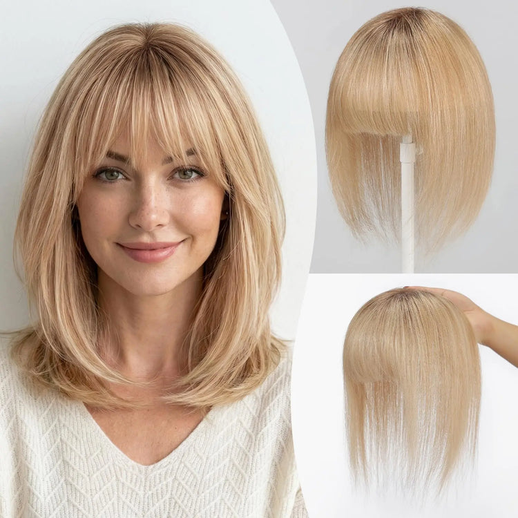 Ombre Light Blonde Real Human Hair Toppers with Swiss Lace Base Hair 3D Air Bangs 10inch Human Hair Topper for Women Hair Loss