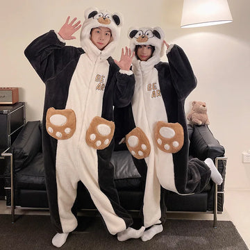 Panda Onesie Nightwear For Winter Coral Warm Hooded Sleepwear Women Men Cartoon Cute One-Piece Pajamas Party Loungewear