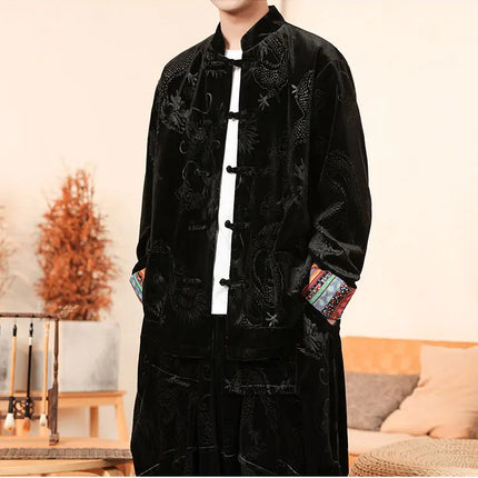 Giacca in velluto da uomo in stile cinese con stampa drago camicie da uomo tradizionale abito Tang Kung Fu Tai Chi camicie casual retrò abbigliamento da uomo