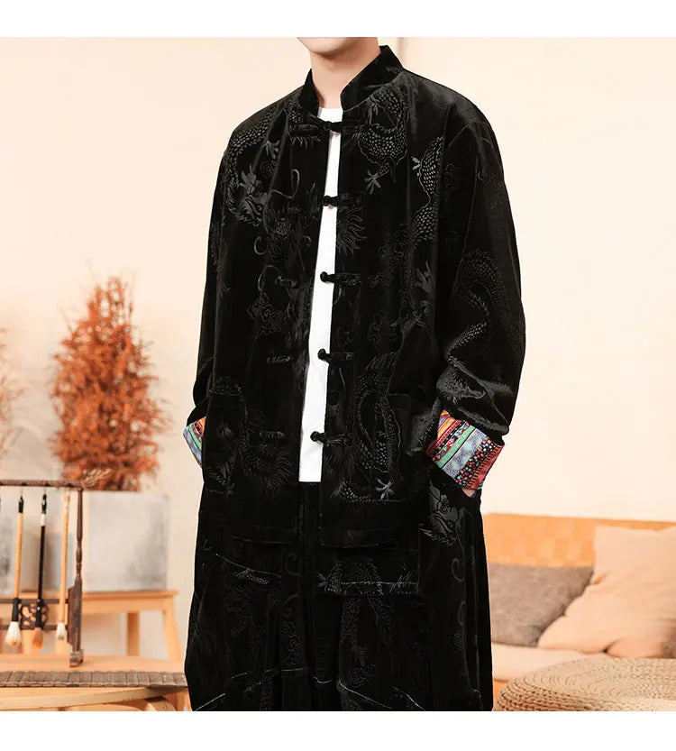 Giacca in velluto da uomo in stile cinese con stampa drago camicie da uomo tradizionale abito Tang Kung Fu Tai Chi camicie casual retrò abbigliamento da uomo