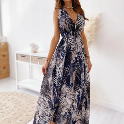 Abito da spiaggia da donna senza schienale con allacciatura Abito da spiaggia sexy con scollo a V Boho Abiti lunghi estivi Elegante stampa senza maniche Lady Maxi Dress Vestidos