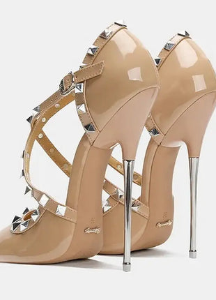 Sandali con tacco alto da donna con cinturino incrociato con rivetti Scarpe singole sexy con punta a punta per discoteca Modello di ospite di festa Passerella Cross Dressing platinumshop