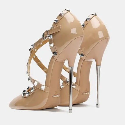 Sandali con tacco alto da donna con cinturino incrociato con rivetti Scarpe singole sexy con punta a punta per discoteca Modello di ospite di festa Passerella Cross Dressing platinumshop