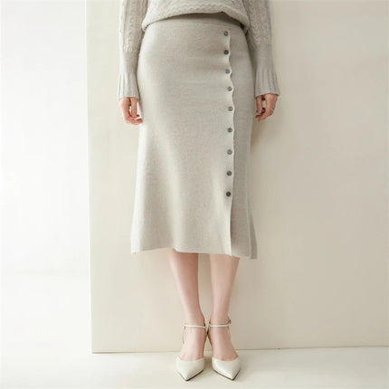 Women 100% Cashmere Skirts Office Lady Autumn Winter Knitted High Waist A-Skirt Graceful Long Warm front-open skirt with buttons PlatiNum