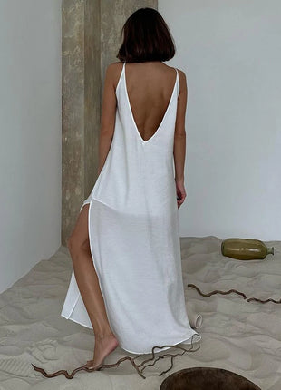 HiLoc Abito lungo bianco allentato casual Robe 2025 Nuovi abiti estivi con scollo a V per le donne Primavera senza maniche Vestaglie dritte Camicia da notte