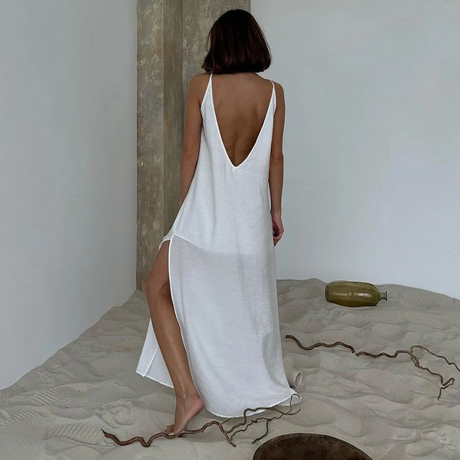 HiLoc Abito lungo bianco allentato casual Robe 2025 Nuovi abiti estivi con scollo a V per le donne Primavera senza maniche Vestaglie dritte Camicia da notte