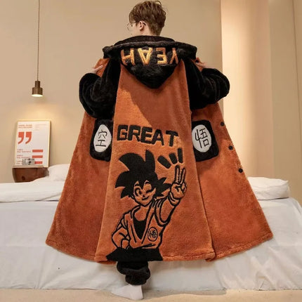 Men's Anime Themed Winter Coral Fleece Thickened Fluffy Plus-Size Long Hooded Pajama Set