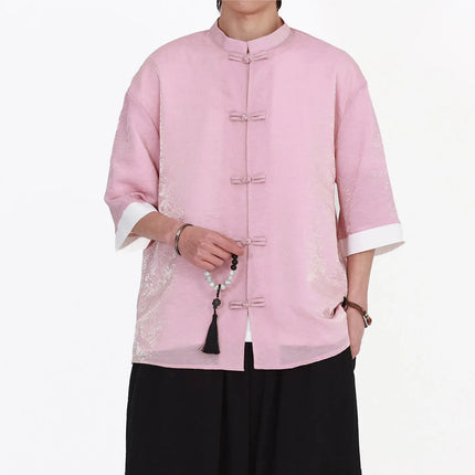 Camicia da Uomo di Lusso con Sfumature Colorate, Jacquard a Maniche Corte, Stile Cinese Tradizionale, Fresca per l'Estate, in Seta Ghiaccio