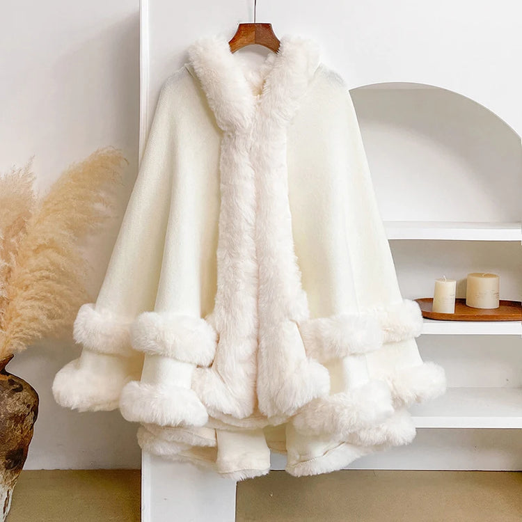 Luxury Women Faux Fur Trim Cape Coat Loose Batwing Poncho Shawl Fuzzy Fur Edge Warm Winter Outerwear Party Street Lady Coats
