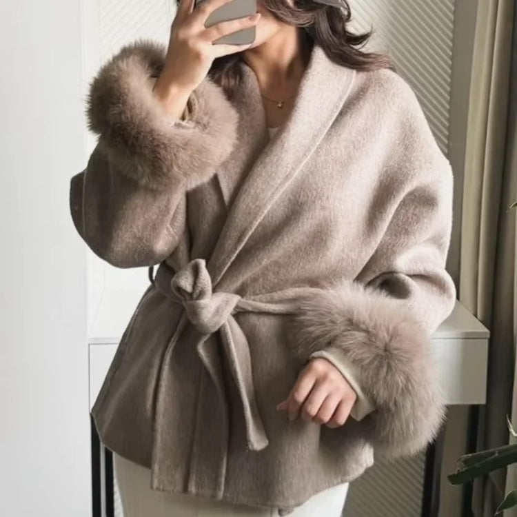 Women Grey Fur Splicing Woolen Coat Casual Belt Full Sleeve Lapel Loose Cardigan Outwear 2025 Lady Winter New Highstreet Jacket