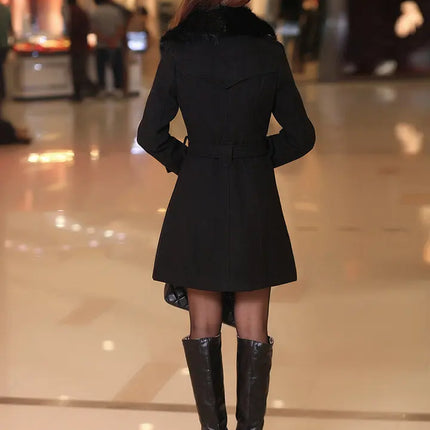 Mid Length Wool Coats Women Fur Collar Splice Blends Korean Full Sleeve Double Breasted Lace Up Belt Thick Warm Winter Jackets