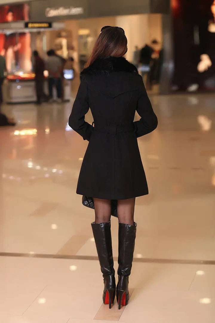 Mid Length Wool Coats Women Fur Collar Splice Blends Korean Full Sleeve Double Breasted Lace Up Belt Thick Warm Winter Jackets