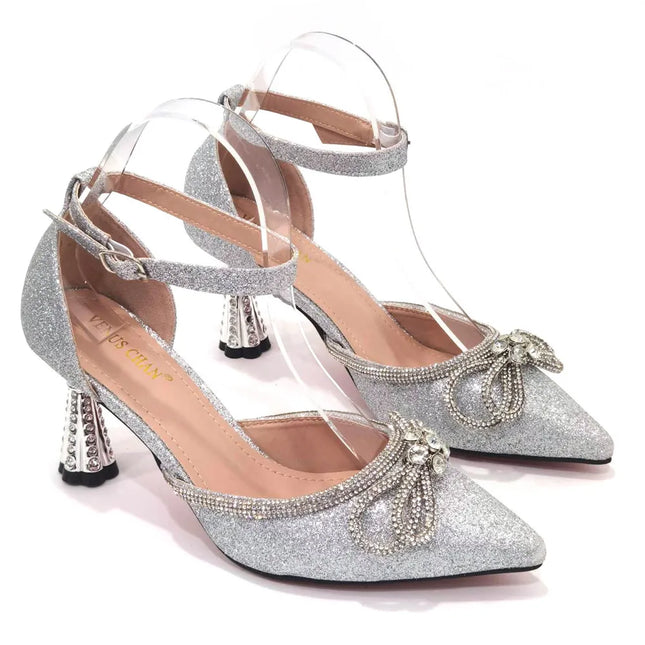 2023 Ladies scarpe a punta da festa tacchi alti Magenta colore fiocco strass borsa Stereo da sera Se