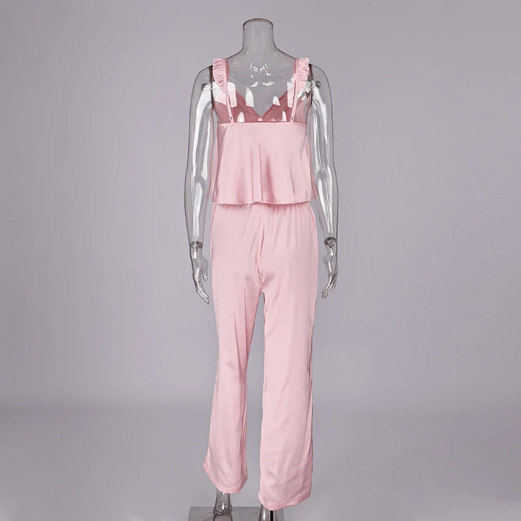 HiLoc Elegante Completo Pigiama in Raso Rosa, Set Primaverile da Casa con Canotta a Spalline Sottili e Pantaloni a Vita Alta, 2 Pezzi, Collezione 2026