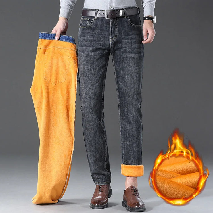 Winter Fleece Warm Straight Stretch Thermal Warm Flannel Work Denim Trousers Male Brand Clothing Men's Business Fashion Jeans
