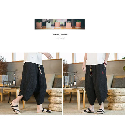 Kimono giapponese Pantaloncini tradizionali Pantaloni asiatici da uomo Samurai giapponese Pantaloni larghi da uomo in lino Yukata casual allentati