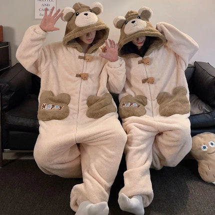 Winter Pajamas Cartoon Bear Costume Pijama Kawaii Adult Couples Kigurumis Sleepwear Jumpsuits Coral Fleece Loose Warm Homewear
