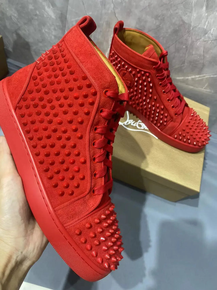 Black Studded Leather Rivets High-Top Sneakers Classic Designer Style Round Toe Men's Sports Shoes Comfort Lace-Up Casual Shoes