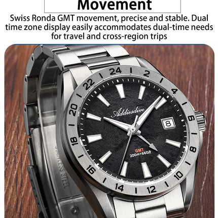 ADDIESDIVE GMT Men Quartz Watch Sapphire Crystal Swiss Ronda 515-24H Dual Time BGW9 Super Luminous 20Bar Waterproof Diver Watch