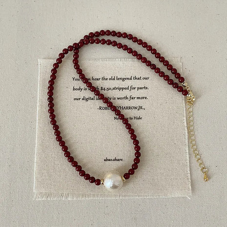 Minar French Silver Water Wave Chain Red Agate Beads Heart Beaded Pendant Necklaces for Women Gold Silver Plated Sweater Chain PlatiNum
