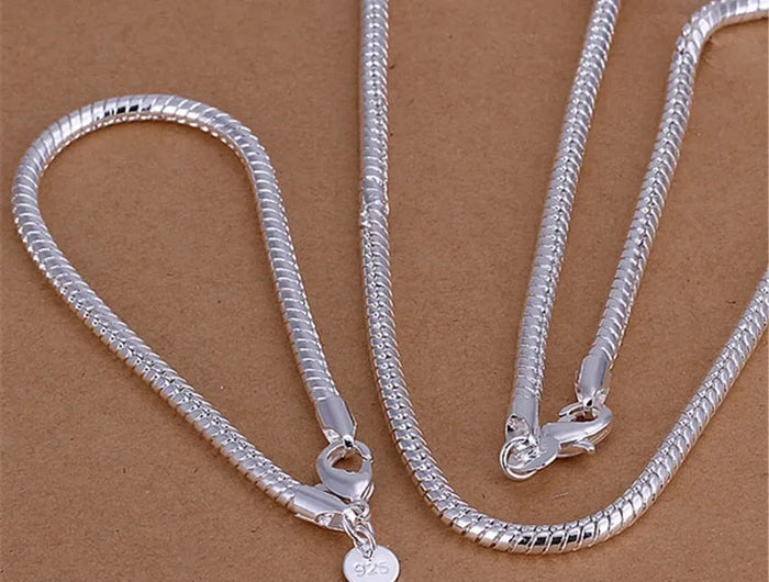 Fine 3MM Catena in osso di serpente Braccialetti in argento sterling 925 Collana Set di gioielli per uomo Donna Marchi di moda Regali di nozze per feste platinumshop