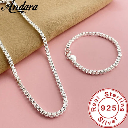Andara Set di collana e bracciale a catena quadrata in argento sterling 925 da 4 mm per gioielli da festa per uomini e donne platinumshop