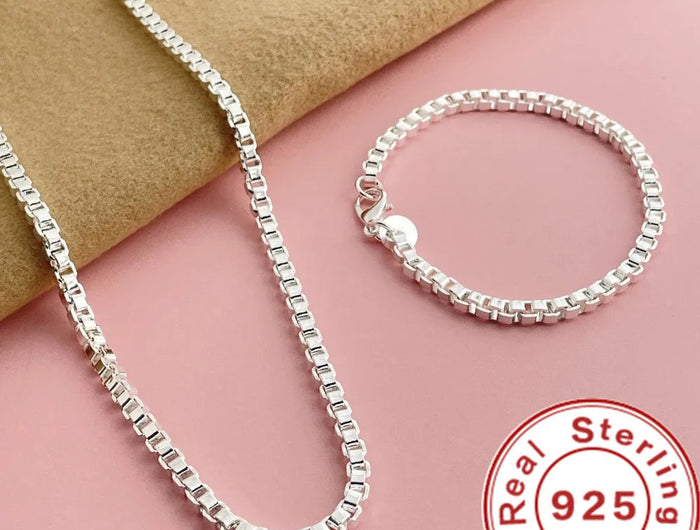 Andara Set di collana e bracciale a catena quadrata in argento sterling 925 da 4 mm per gioielli da festa per uomini e donne platinumshop