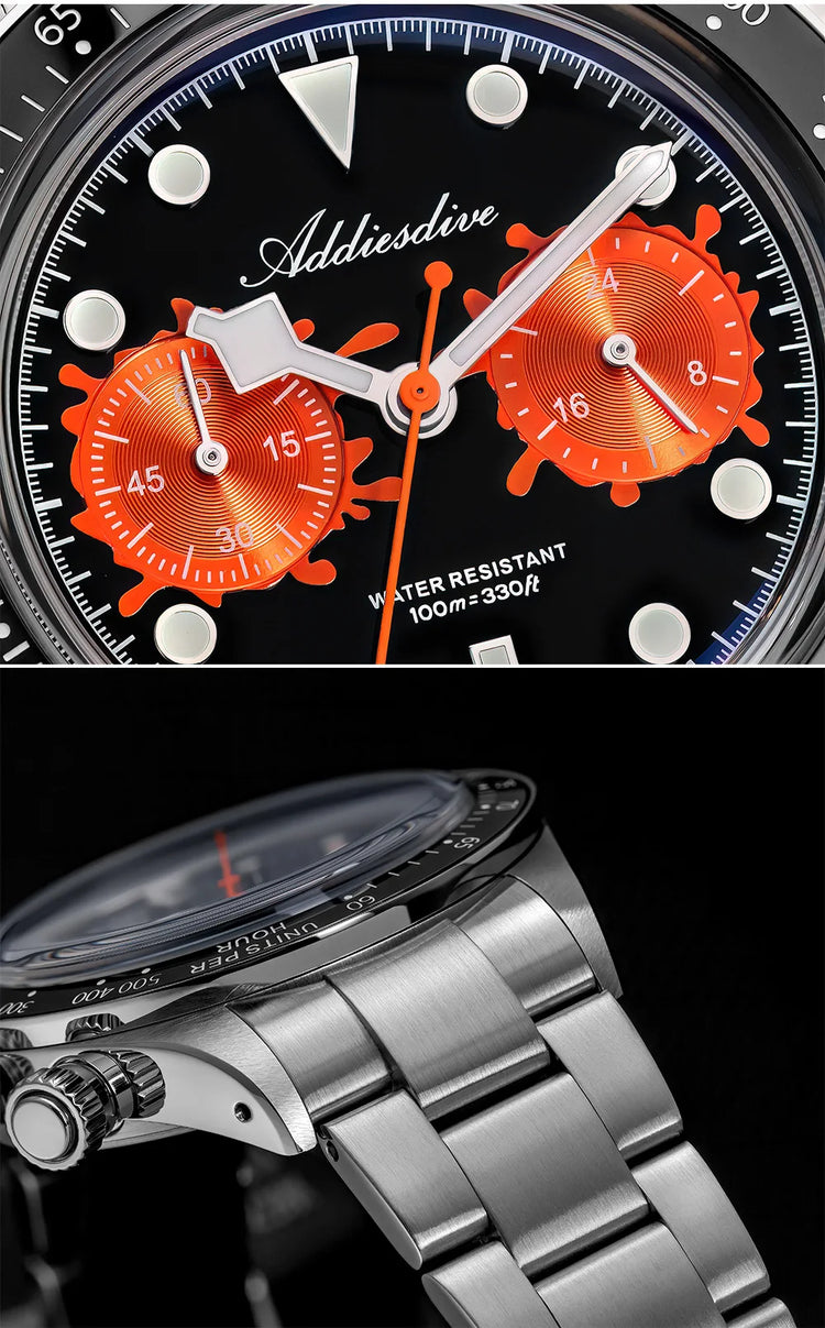 ADDIESDIVE Men Watches New VK64 Quartz Wristwatch Luxury Chronograph Luminous BGW9 Ceramic Bezel Domed Glass 100m Waterproof
