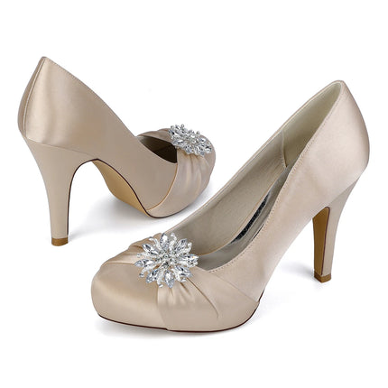Primavera Boca de pescado Punta redonda Diamantes de imitación de seda Zapatos de boda impermeables de tacón alto para mesa Sandalias de mujer de talla grande para vestido de banquete