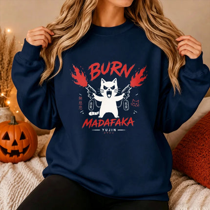 Angry White Cat Fire Gun Graffiti Style Cartoon Print Pullover Long Sleeve Casual Loose Streetwear Fashion Sweatshirts for Women