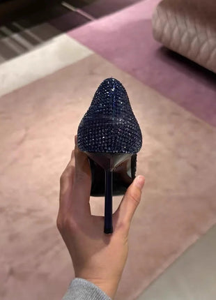 Scarpe col tacco alto a punta tempestate di diamanti in maglia blu con scarpe di cristallo con tacchi fini, nuove scarpe singole in pizzo scavato con tacco sottile platinumshop