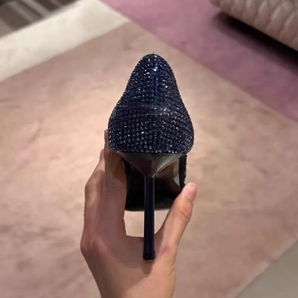 Scarpe col tacco alto a punta tempestate di diamanti in maglia blu con scarpe di cristallo con tacchi fini, nuove scarpe singole in pizzo scavato con tacco sottile platinumshop