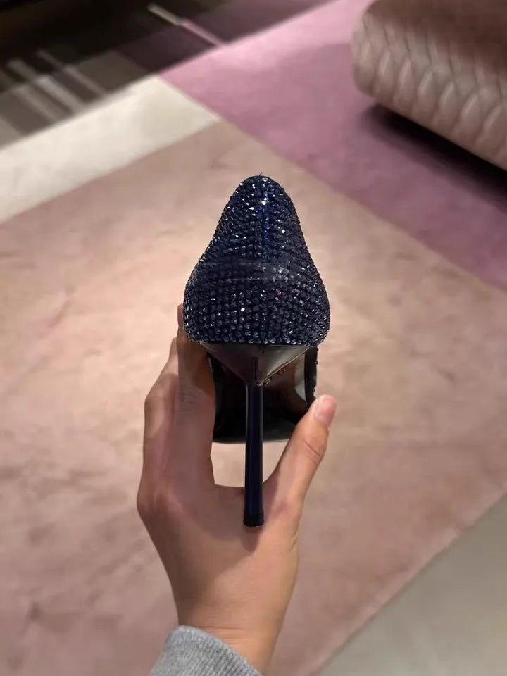 Scarpe col tacco alto a punta tempestate di diamanti in maglia blu con scarpe di cristallo con tacchi fini, nuove scarpe singole in pizzo scavato con tacco sottile platinumshop