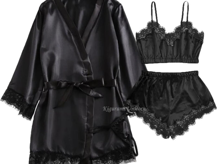Pigiama da donna sexy nero in raso 4 pezzi di pizzo di seta reggicalze pantaloncini abito pigiama set camicia da notte biancheria intima camicia da notte vestito