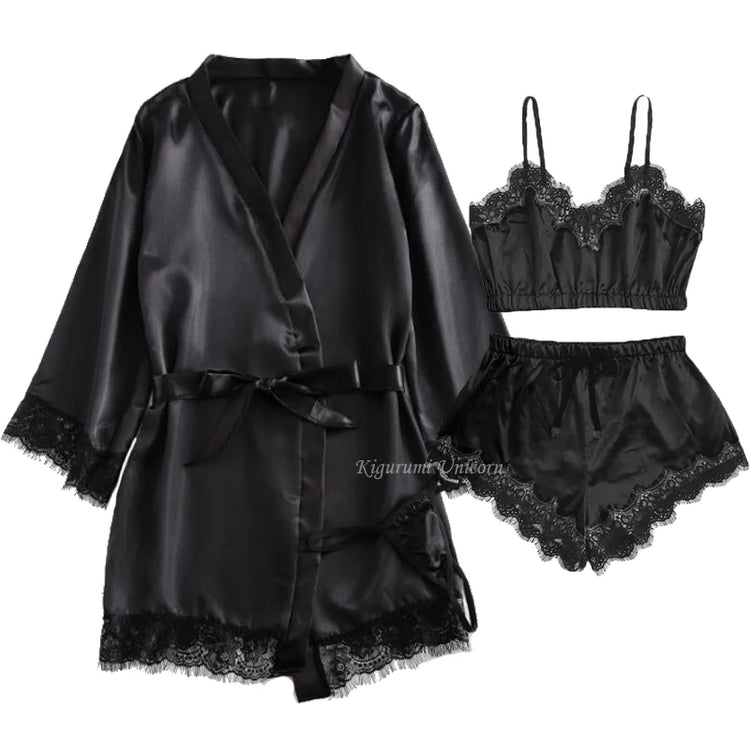 Pigiama da donna sexy nero in raso 4 pezzi di pizzo di seta reggicalze pantaloncini abito pigiama set camicia da notte biancheria intima camicia da notte vestito