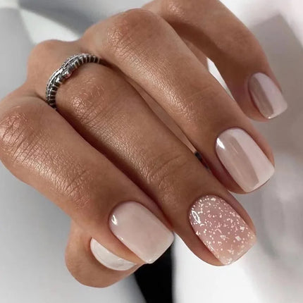 False Nail Full Cover Fake Nail Pink Glitter Wearable French Short Nails Square Head False Nail Press On Nails Manicure Tool