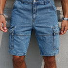 Pantaloncini in denim da lavoro estivi da uomo, stile multitasche blu. Elegante e casual, adatto per streetwear.