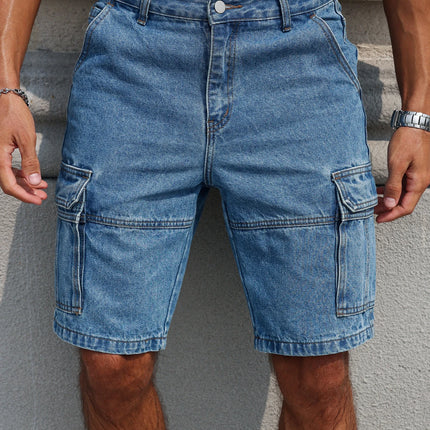 Pantaloncini in denim da lavoro estivi da uomo, stile multitasche blu. Elegante e casual, adatto per streetwear.